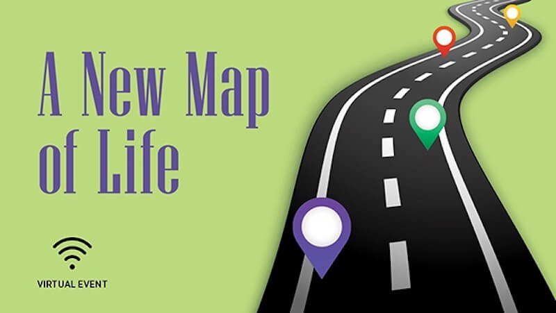 A New Map of Life text with black road and green background