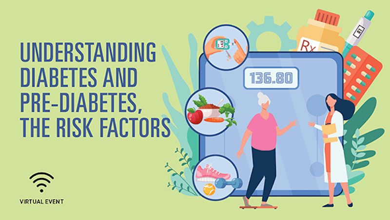 Understanding Diabetes text and illustration of women, scale, food, exercise equipment