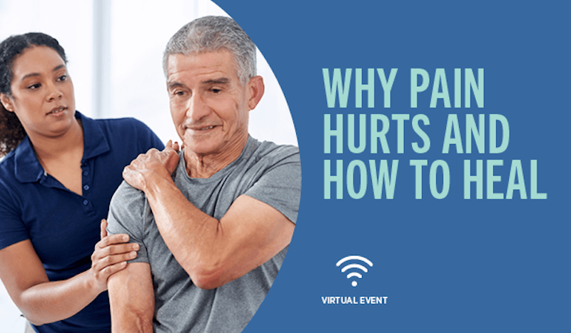 Graphic of an older male with shoulder pain being helped by a caregiver with the text "Why Pain Hurts and How to Heal"