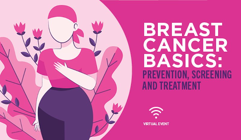 Graphic of woman with headscarf and text "Breast Cancer Basics"