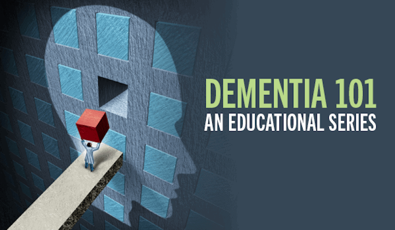 Illustration that shows a wall with outline of face with the text "Dementia 101 An Educational Series"