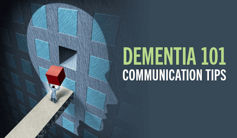 Illustration that shows a wall with outline of face with the text "Dementia 101 Communication Tips"