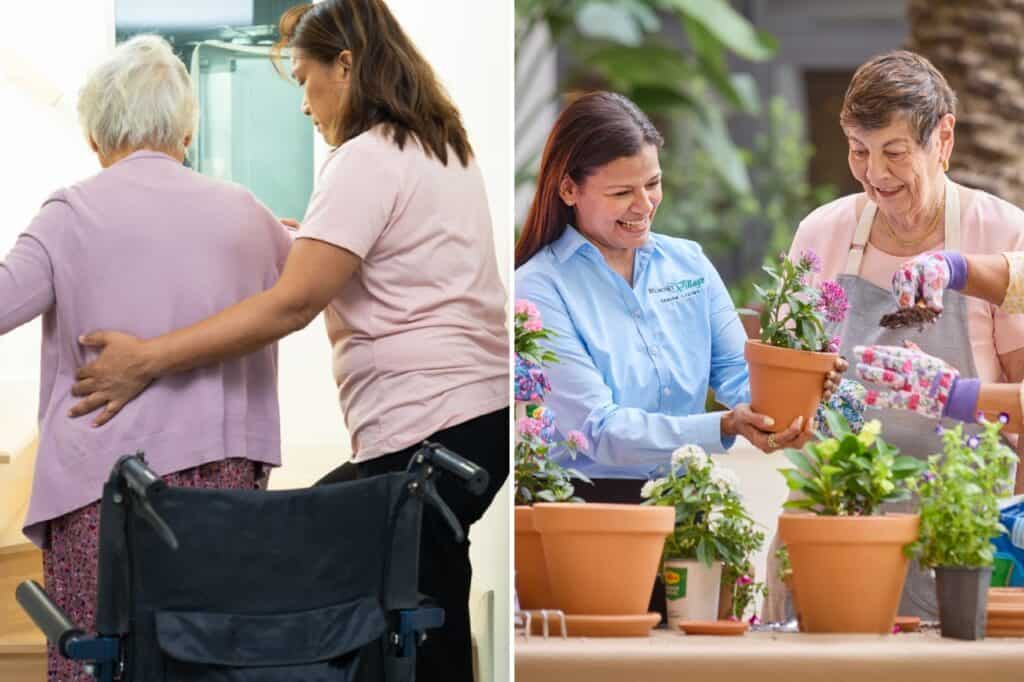 Two images showing a woman being helped from her wheel chair, and women gardening.