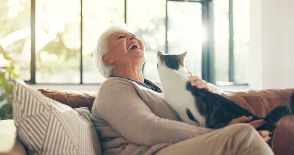 A woman holding a cat and laughing