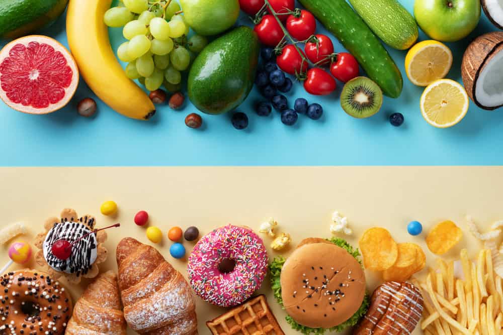 An image showing healthy foods in the top half and unhealthy foods in the bottom half.